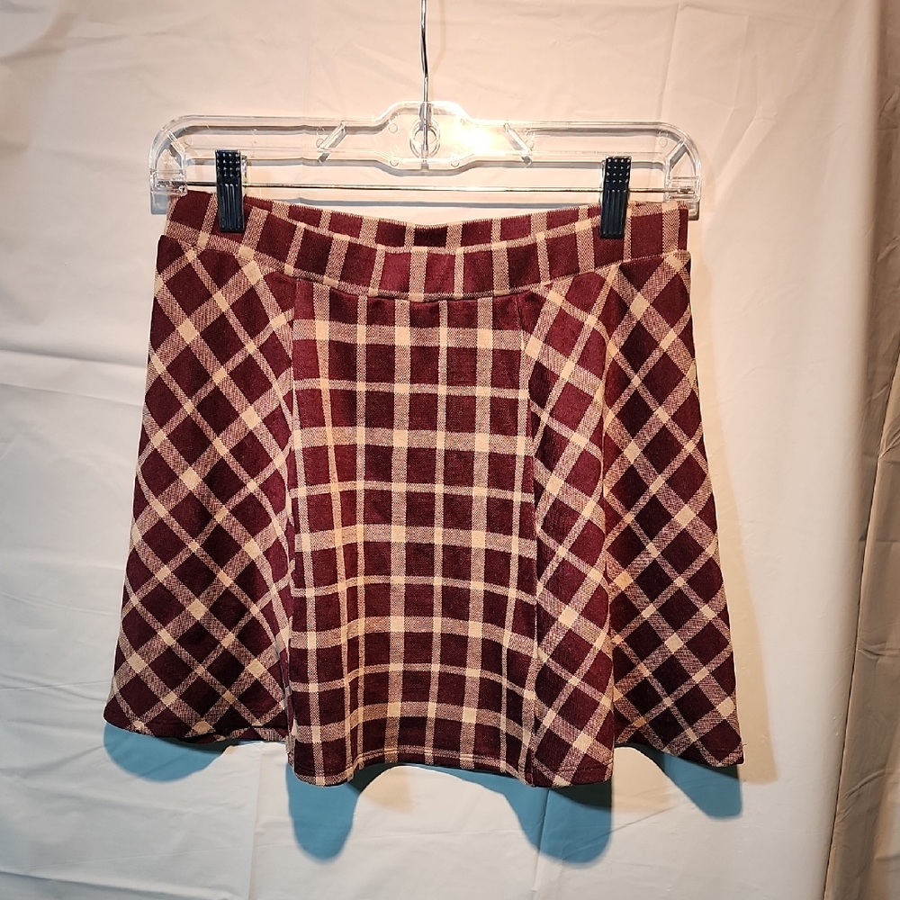 love on a hanger Burgundy and Cream Plaid Skater Skirt